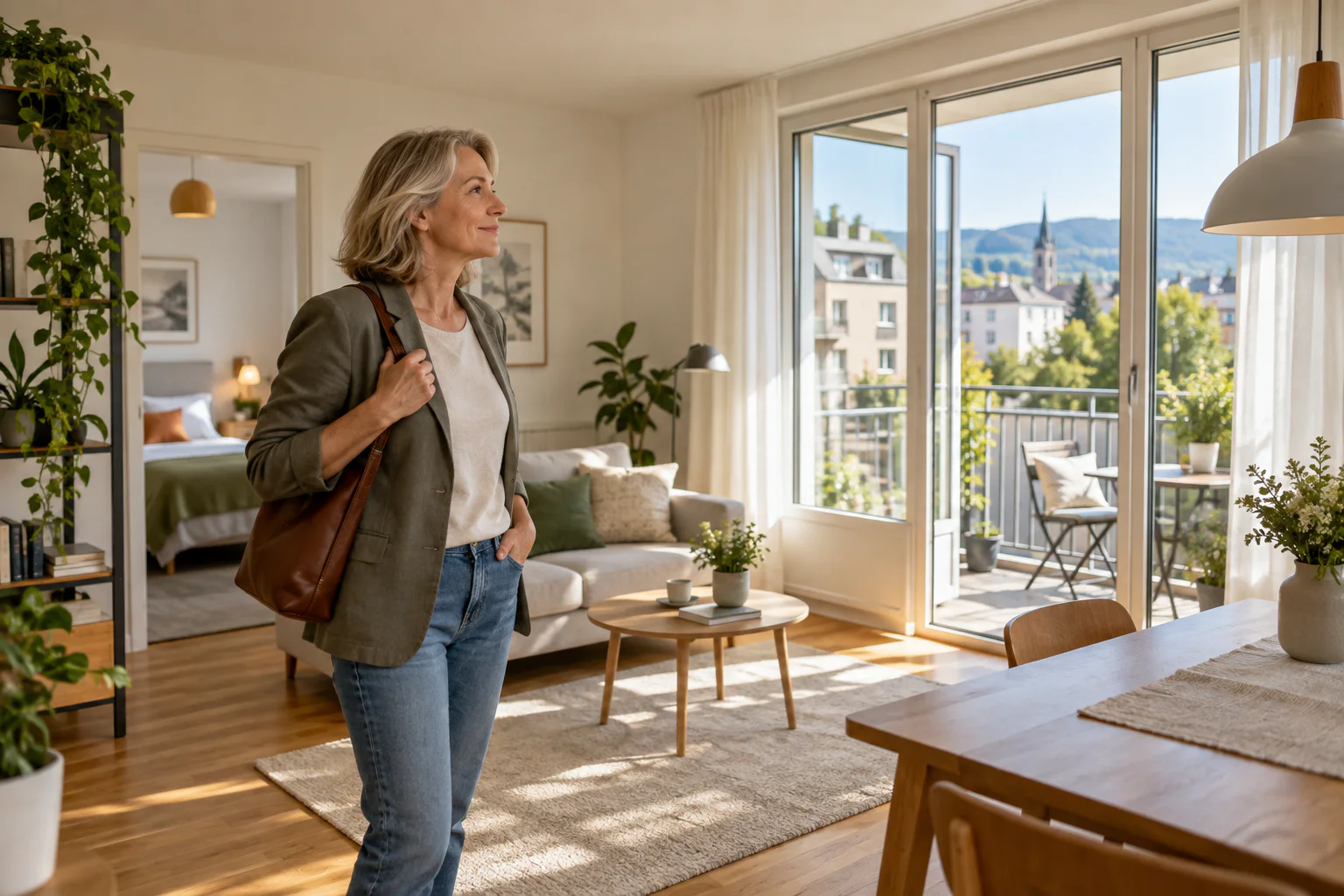 Frau besichtigt eine kompakte helle Wohnung mit Balkon